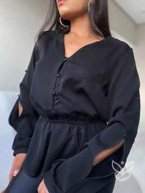 Blusa Peplum Com Babados Na Barra E Manga Bufante Blusa Peplum Com Babados Na Barra E Manga Bufante