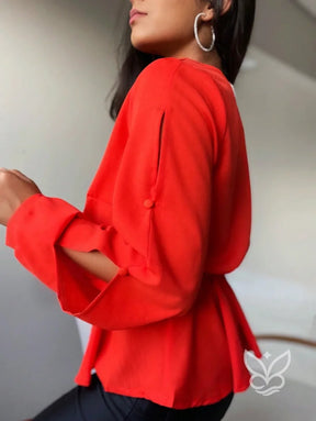 Blusa Peplum Com Babados Na Barra E Manga Bufante Blusa Peplum Com Babados Na Barra E Manga Bufante