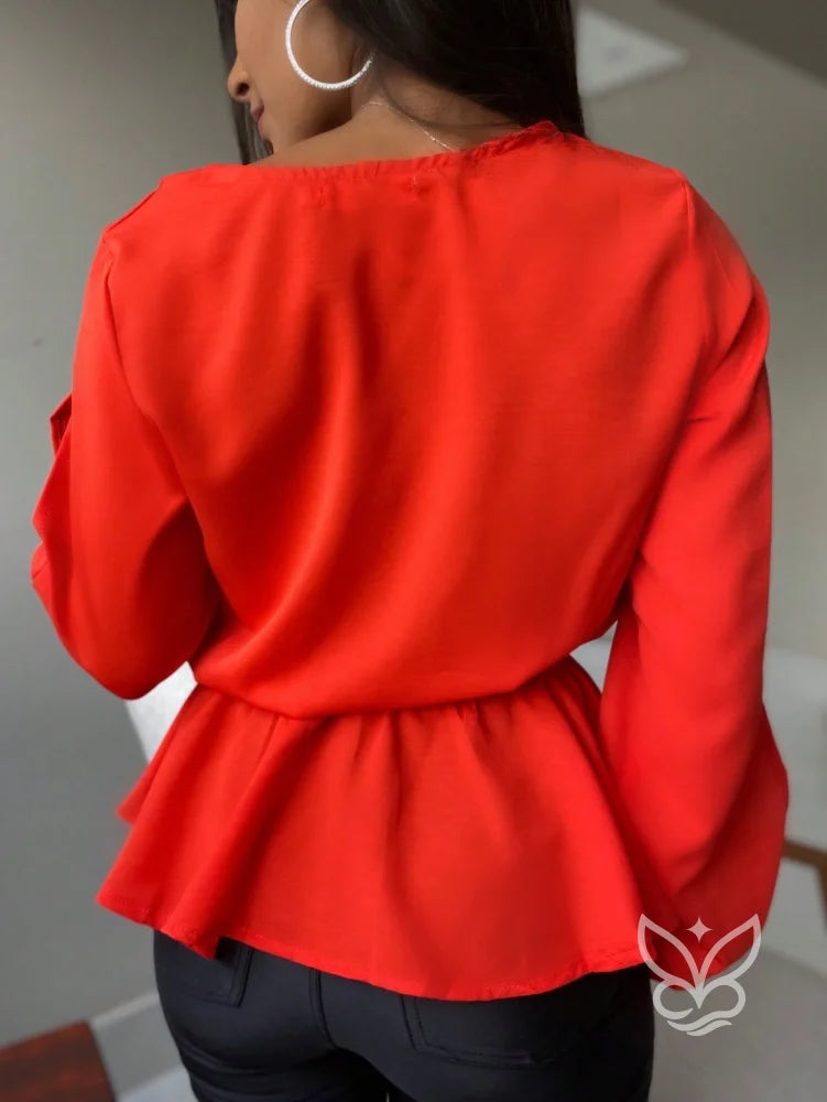 Blusa Peplum Com Babados Na Barra E Manga Bufante Blusa Peplum Com Babados Na Barra E Manga Bufante