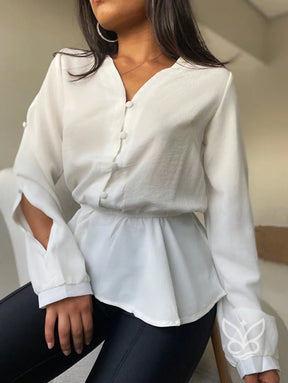 Blusa Peplum Com Babados Na Barra E Manga Bufante Blusa Peplum Com Babados Na Barra E Manga Bufante