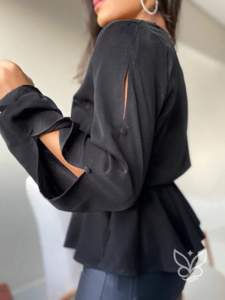 Blusa Peplum Com Babados Na Barra E Manga Bufante Blusa Peplum Com Babados Na Barra E Manga Bufante