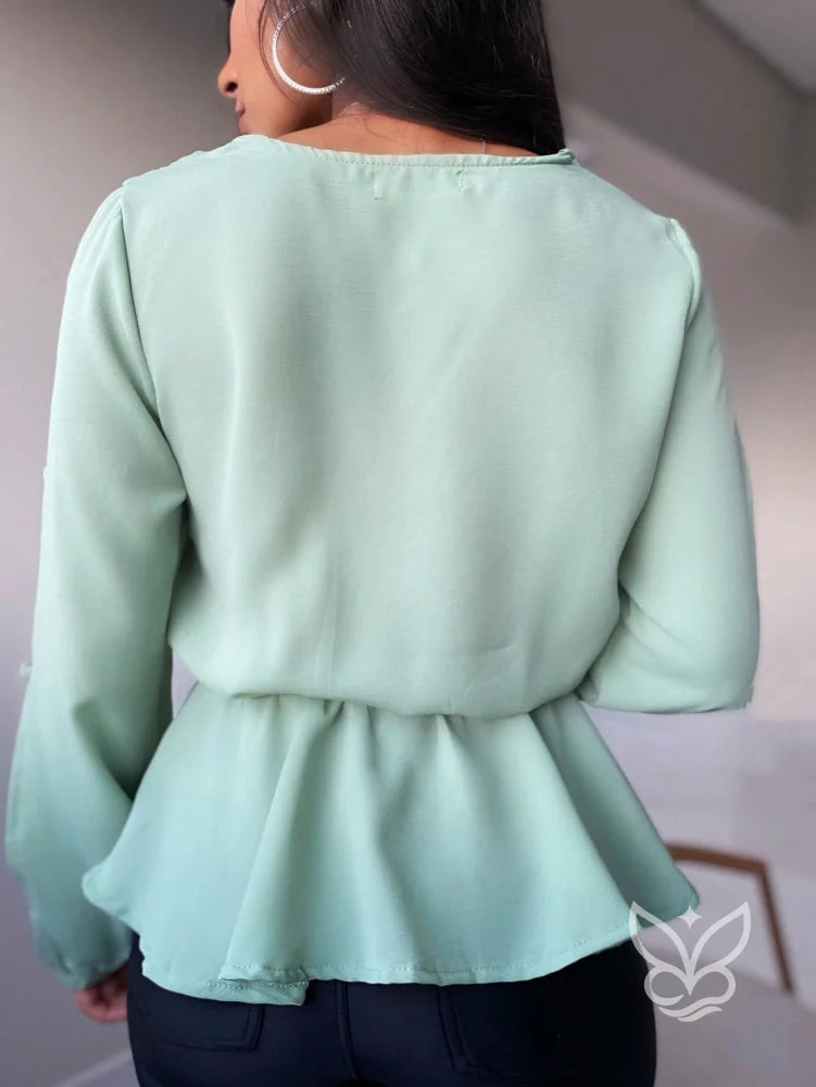 Blusa Peplum Com Babados Na Barra E Manga Bufante Blusa Peplum Com Babados Na Barra E Manga Bufante
