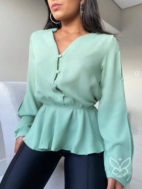 Blusa Peplum Com Babados Na Barra E Manga Bufante Blusa Peplum Com Babados Na Barra E Manga Bufante