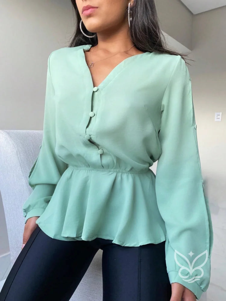 Blusa Peplum Com Babados Na Barra E Manga Bufante Blusa Peplum Com Babados Na Barra E Manga Bufante