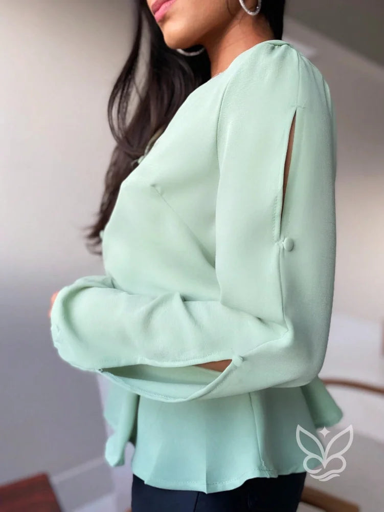 Blusa Peplum Com Babados Na Barra E Manga Bufante Blusa Peplum Com Babados Na Barra E Manga Bufante