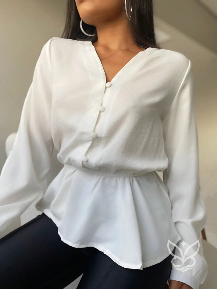 Blusa Peplum Com Babados Na Barra E Manga Bufante Branco / PP Blusa Peplum Com Babados Na Barra E Manga Bufante