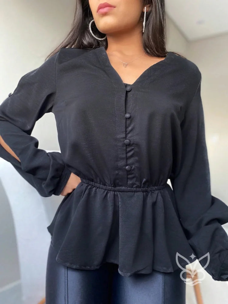 Blusa Peplum Com Babados Na Barra E Manga Bufante Preto / PP Blusa Peplum Com Babados Na Barra E Manga Bufante