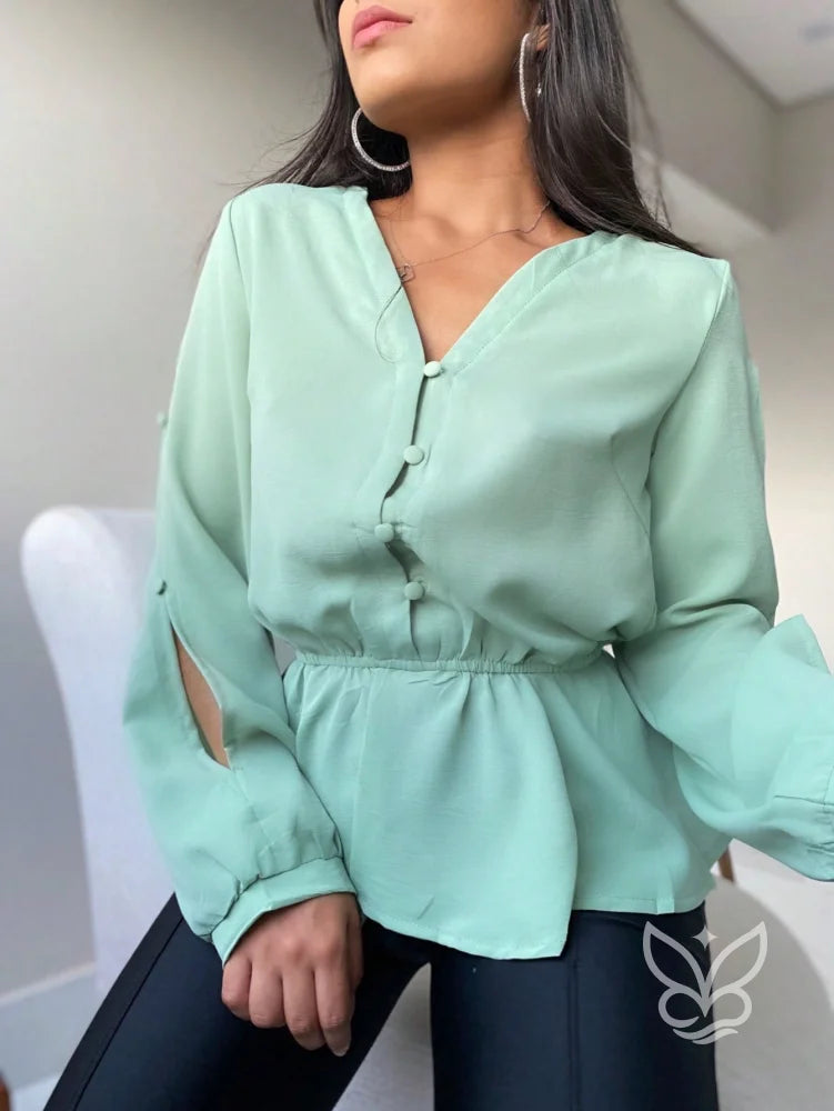 Blusa Peplum Com Babados Na Barra E Manga Bufante Verde Menta / PP Blusa Peplum Com Babados Na Barra E Manga Bufante