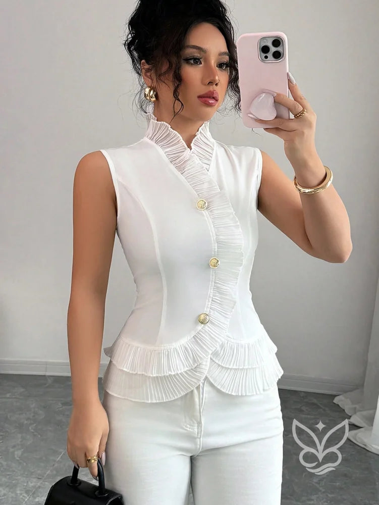 Blusa Peplum Com Botões E Barra Com Babados Branco / PP Blusa Peplum Com Botões E Barra Com Babados