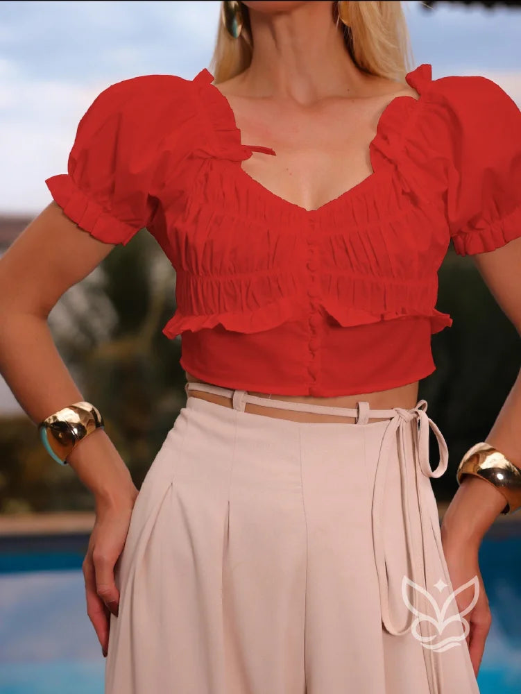 Blusa Peplum com Botões Franzidos e Mangas Bufantes Vermelho / PP Blusa Peplum com Botões Franzidos e Mangas Bufantes