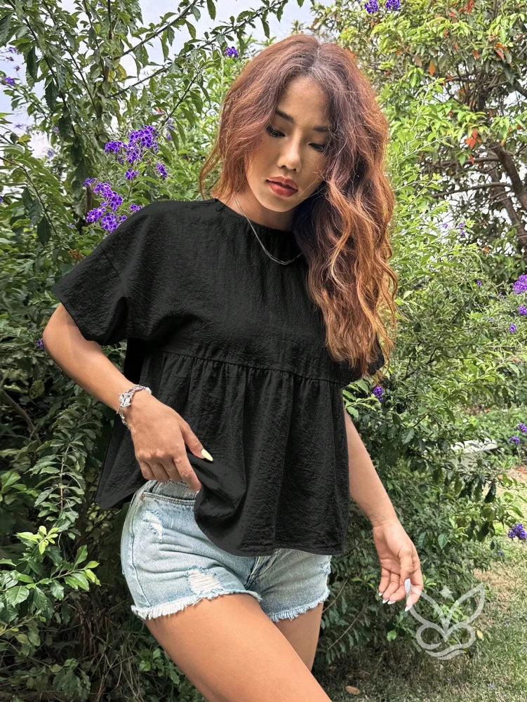 Blusa Peplum com Caimento Solto e Gola Redonda Preto / PP Blusa Peplum com Caimento Solto e Gola Redonda