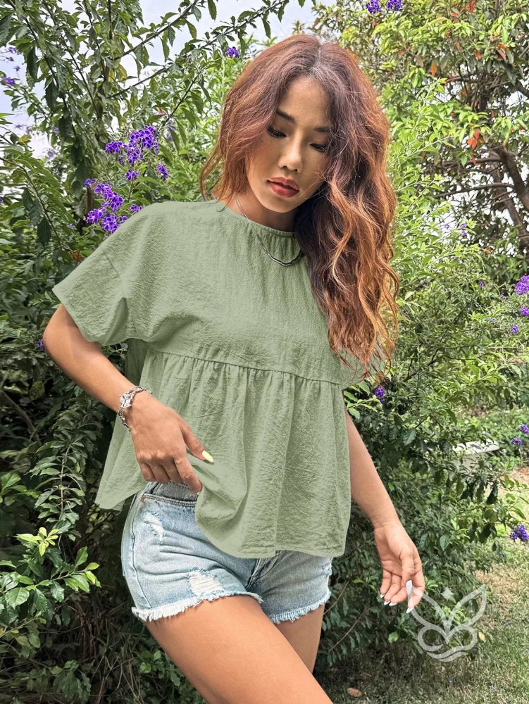 Blusa Peplum com Caimento Solto e Gola Redonda Verde Militar / PP Blusa Peplum com Caimento Solto e Gola Redonda