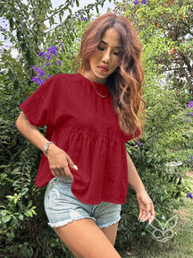 Blusa Peplum com Caimento Solto e Gola Redonda Vinho / PP Blusa Peplum com Caimento Solto e Gola Redonda