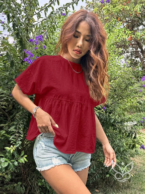 Blusa Peplum com Caimento Solto e Gola Redonda Vinho / PP Blusa Peplum com Caimento Solto e Gola Redonda