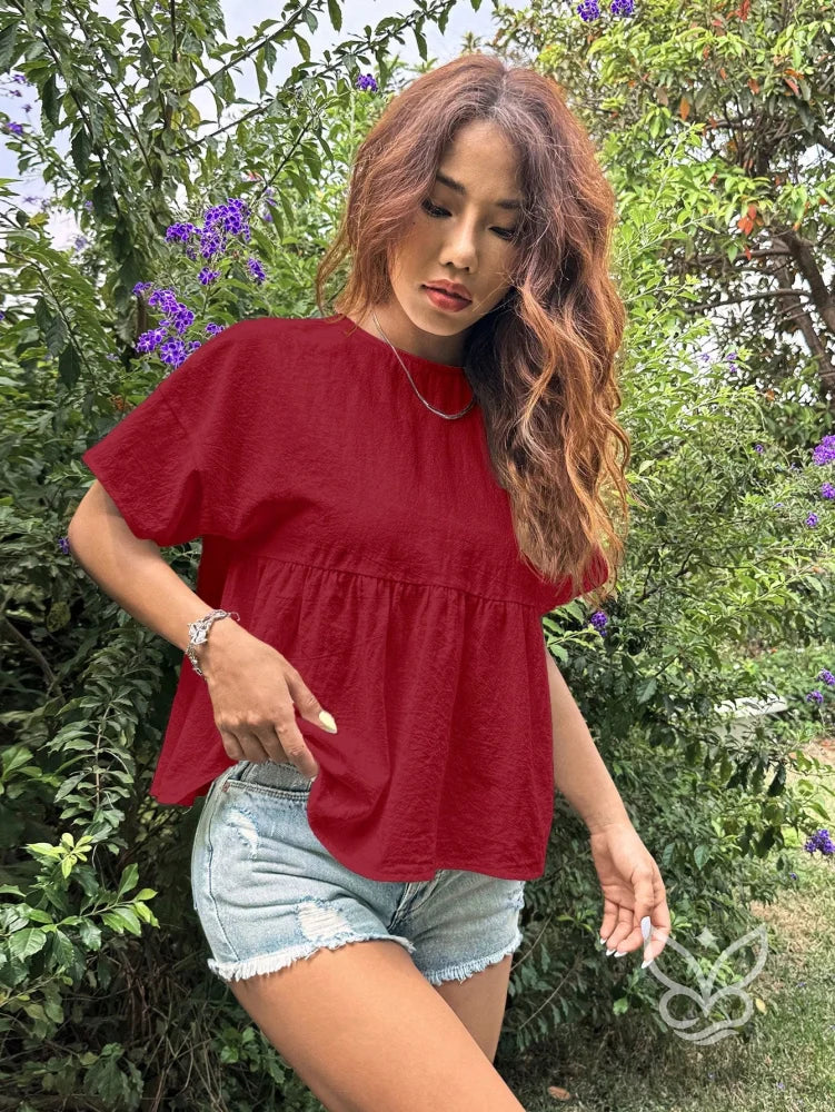 Blusa Peplum com Caimento Solto e Gola Redonda Vinho / PP Blusa Peplum com Caimento Solto e Gola Redonda