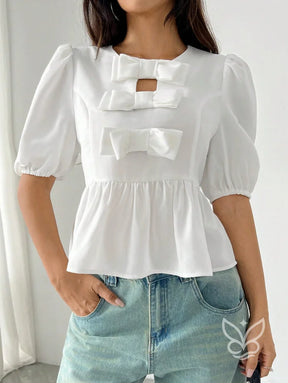 Blusa Peplum com Laços Frontais e Manga Bufante Branco / PP Blusa Peplum com Laços Frontais e Manga Bufante