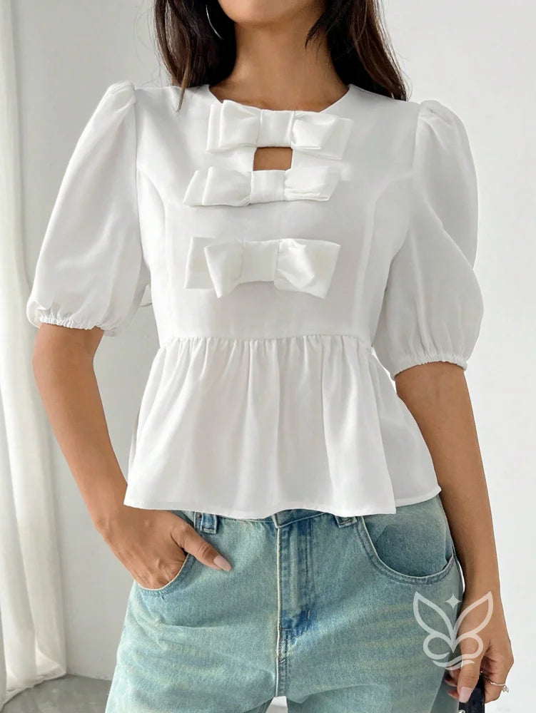 Blusa Peplum com Laços Frontais e Manga Bufante Branco / PP Blusa Peplum com Laços Frontais e Manga Bufante
