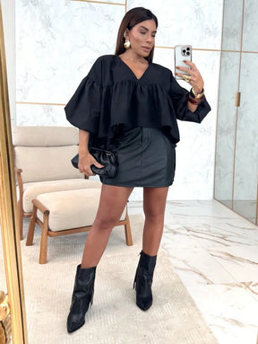 Blusa Peplum Com Manga Bufante E Gola Laço Delicada Blusa Peplum Com Manga Bufante E Gola Laço Delicada