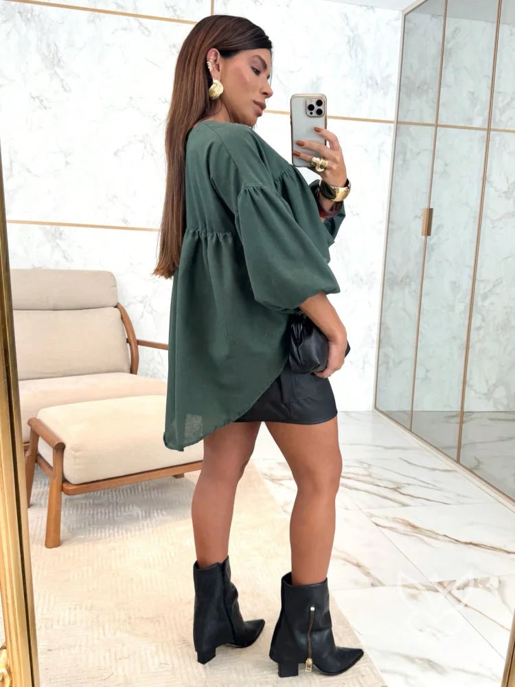 Blusa Peplum Com Manga Bufante E Gola Laço Delicada Blusa Peplum Com Manga Bufante E Gola Laço Delicada
