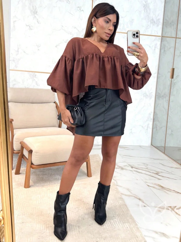Blusa Peplum Com Manga Bufante E Gola Laço Delicada Blusa Peplum Com Manga Bufante E Gola Laço Delicada