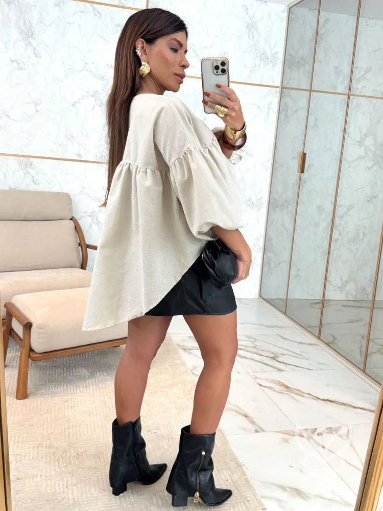 Blusa Peplum Com Manga Bufante E Gola Laço Delicada Blusa Peplum Com Manga Bufante E Gola Laço Delicada