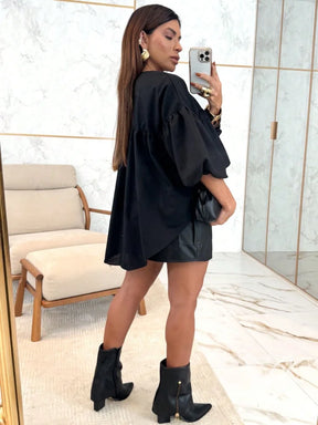 Blusa Peplum Com Manga Bufante E Gola Laço Delicada Blusa Peplum Com Manga Bufante E Gola Laço Delicada