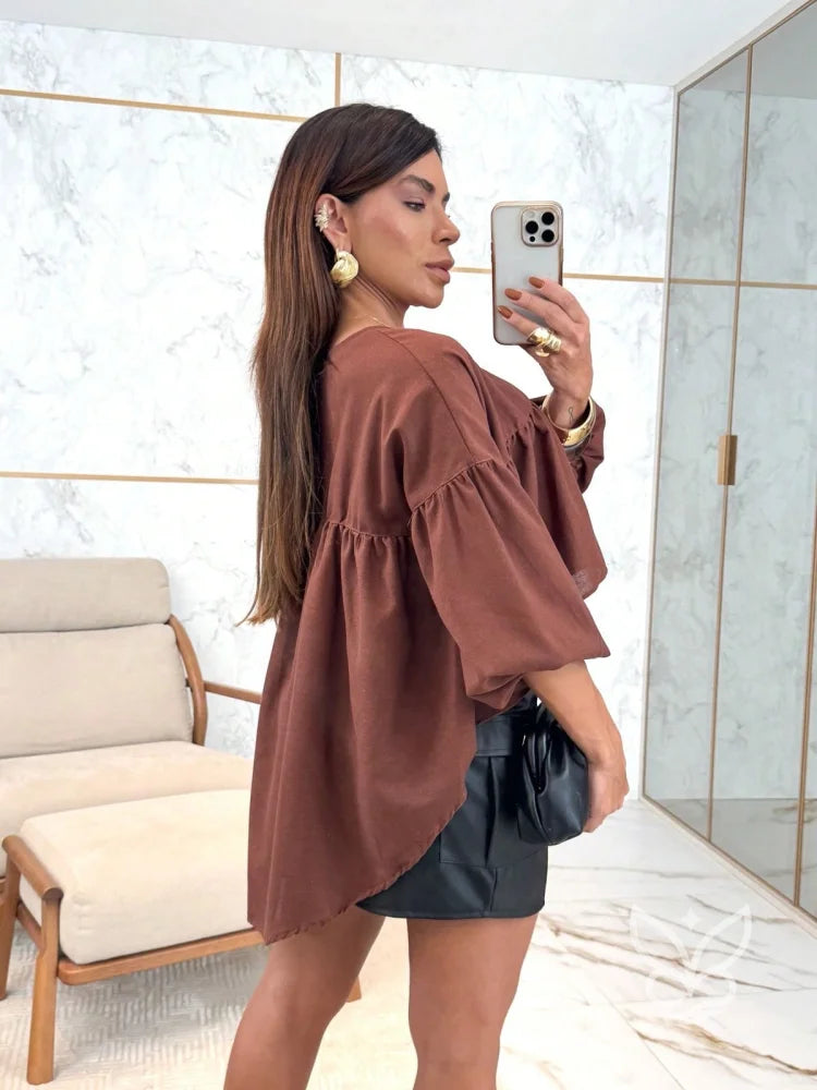 Blusa Peplum Com Manga Bufante E Gola Laço Delicada Blusa Peplum Com Manga Bufante E Gola Laço Delicada