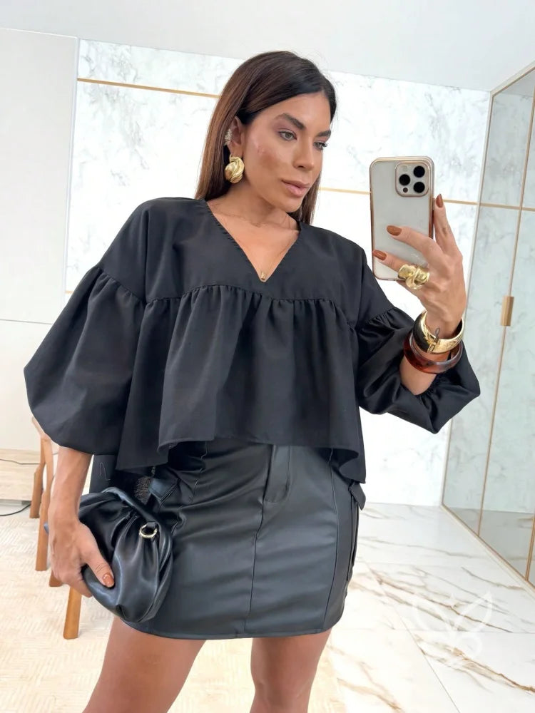 Blusa Peplum Com Manga Bufante E Gola Laço Delicada Preto / PP Blusa Peplum Com Manga Bufante E Gola Laço Delicada