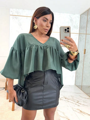 Blusa Peplum Com Manga Bufante E Gola Laço Delicada Verde / PP Blusa Peplum Com Manga Bufante E Gola Laço Delicada