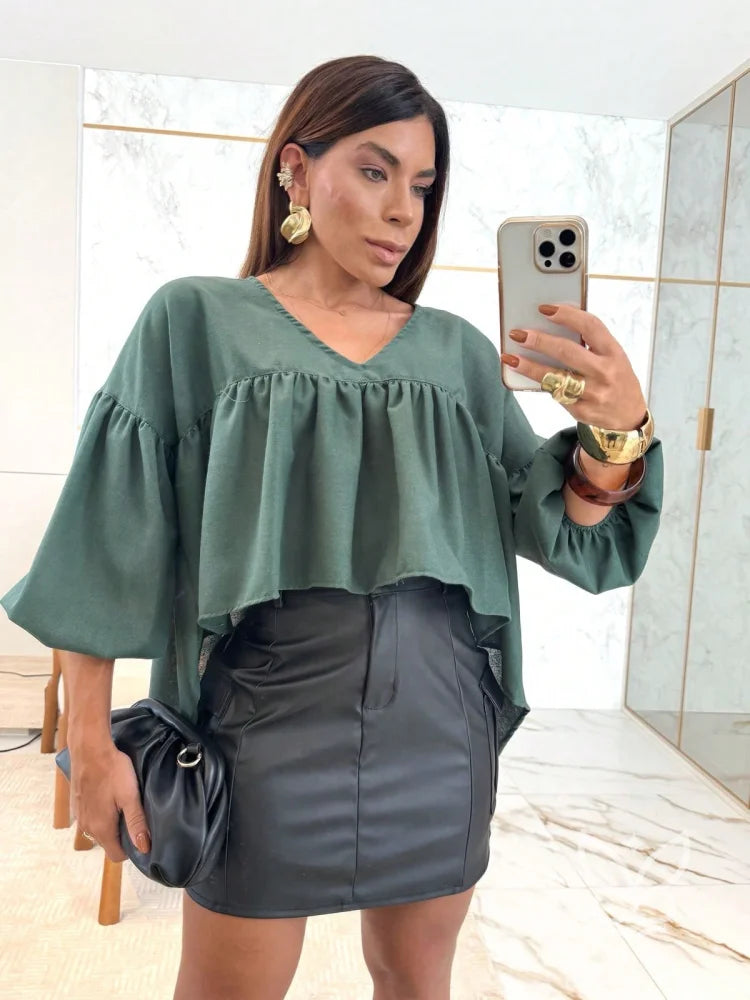 Blusa Peplum Com Manga Bufante E Gola Laço Delicada Verde / PP Blusa Peplum Com Manga Bufante E Gola Laço Delicada
