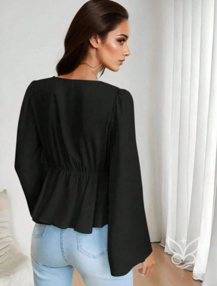 Blusa Peplum Com Mangas Bufantes E Amarração Frontal Blusa Peplum Com Mangas Bufantes E Amarração Frontal