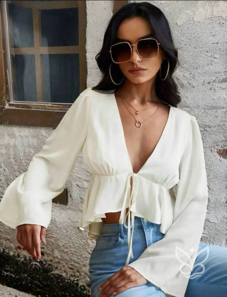 Blusa Peplum Com Mangas Bufantes E Amarração Frontal Branco / PP Blusa Peplum Com Mangas Bufantes E Amarração Frontal