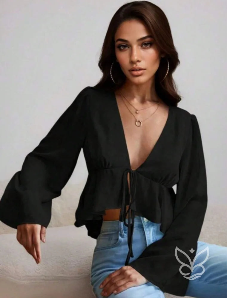 Blusa Peplum Com Mangas Bufantes E Amarração Frontal Preto / PP Blusa Peplum Com Mangas Bufantes E Amarração Frontal