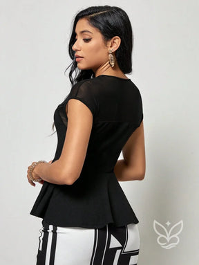 Blusa Peplum Com Tule Contrastante E Barra Plissada Blusa Peplum Com Tule Contrastante E Barra Plissada