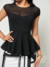Blusa Peplum Com Tule Contrastante E Barra Plissada Preto / PP Blusa Peplum Com Tule Contrastante E Barra Plissada