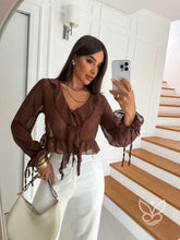 Blusa Peplum De Chiffon Com Caimento Leve E Elegante Marrom / PP Blusa Peplum De Chiffon Com Caimento Leve E Elegante