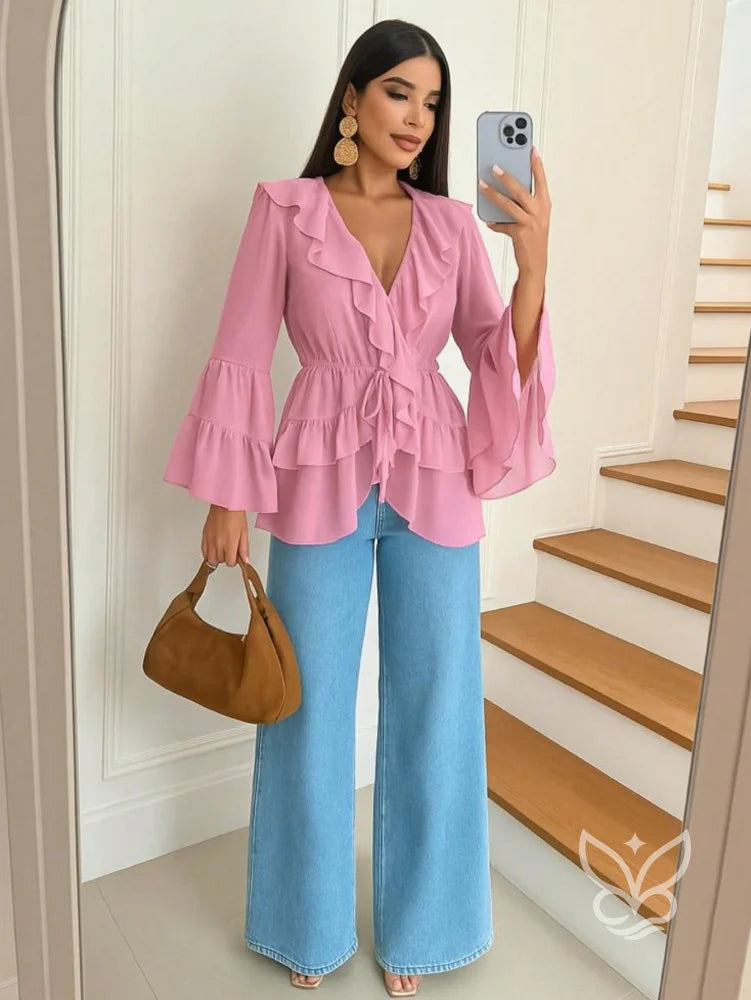 Blusa Peplum De Tule Com Manga Flare E Estilo Boho Rosa / PP Blusa Peplum De Tule Com Manga Flare E Estilo Boho