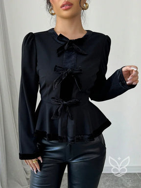 Blusa Peplum De Veludo Com Babados Na Barra E Manga Longa Blusa Peplum De Veludo Com Babados Na Barra E Manga Longa