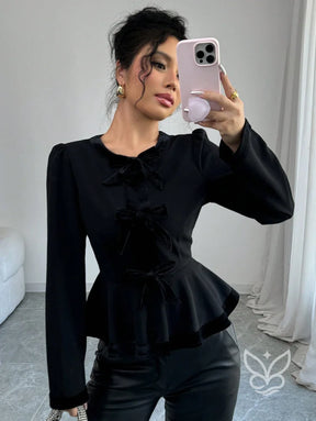 Blusa Peplum De Veludo Com Babados Na Barra E Manga Longa Blusa Peplum De Veludo Com Babados Na Barra E Manga Longa