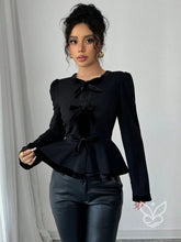 Blusa Peplum De Veludo Com Babados Na Barra E Manga Longa Preto / PP Blusa Peplum De Veludo Com Babados Na Barra E