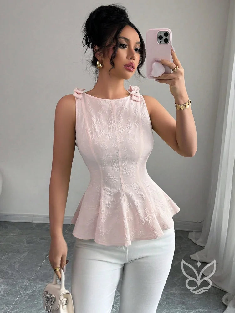 Blusa Peplum Estampa Floral Com Laço Na Alça E Cintura Marcada Blusa Peplum Estampa Floral Com Laço Na Alça E Cintura