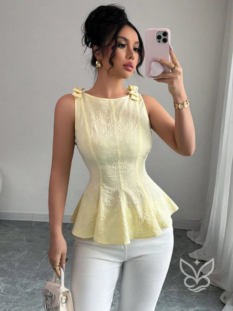 Blusa Peplum Estampa Floral Com Laço Na Alça E Cintura Marcada Blusa Peplum Estampa Floral Com Laço Na Alça E Cintura