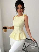 Blusa Peplum Estampa Floral Com Laço Na Alça E Cintura Marcada Amarela / PP Blusa Peplum Estampa Floral Com Laço Na