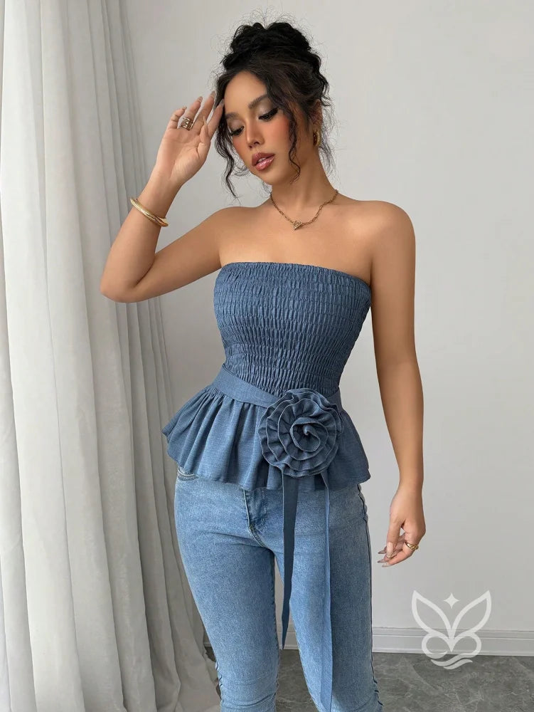 Blusa Peplum Minimalista Com Manga Bufante E Caimento Solto Azul / PP Blusa Peplum Minimalista Com Manga Bufante E