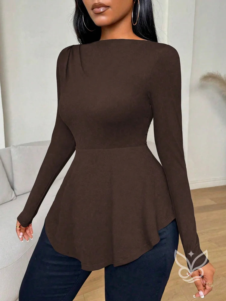 Blusa Peplum Ombro a Ombro Com Babados E Manga Longa Blusa Peplum Ombro a Ombro Com Babados E Manga Longa