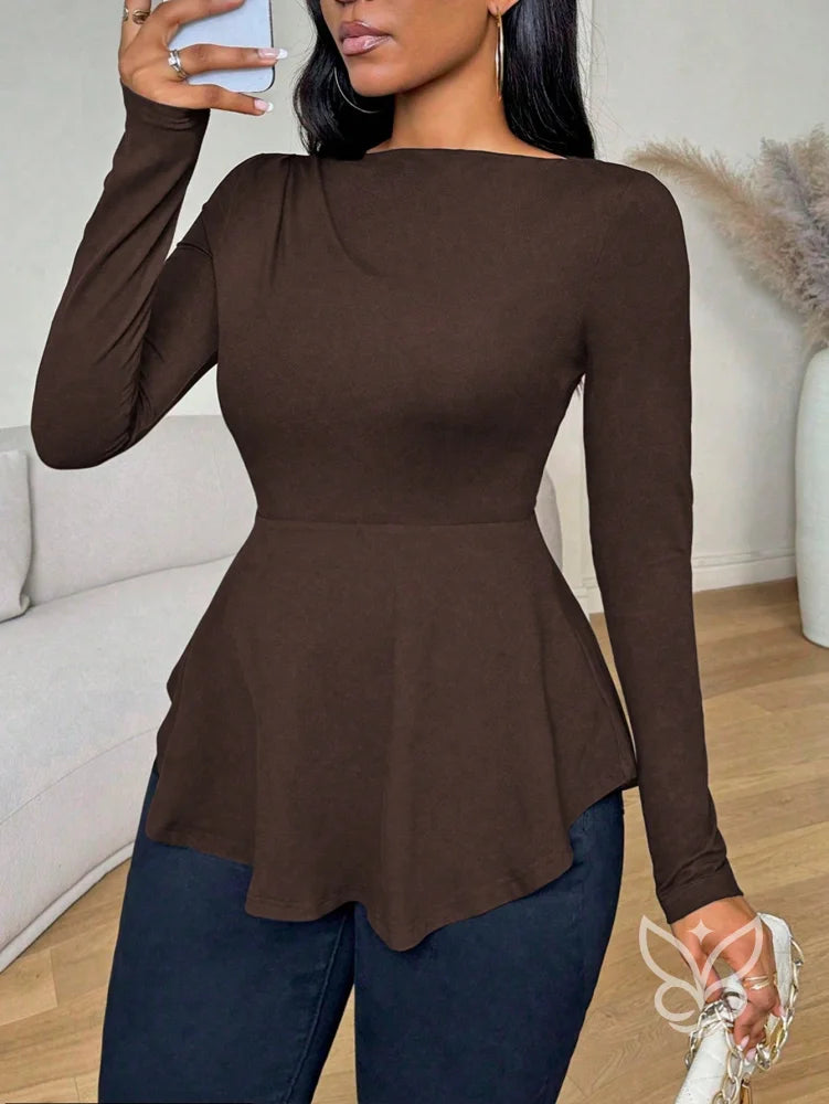 Blusa Peplum Ombro a Ombro Com Babados E Manga Longa Blusa Peplum Ombro a Ombro Com Babados E Manga Longa
