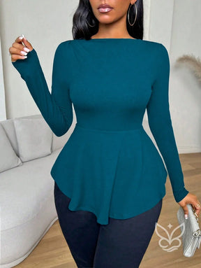 Blusa Peplum Ombro a Ombro Com Babados E Manga Longa Blusa Peplum Ombro a Ombro Com Babados E Manga Longa