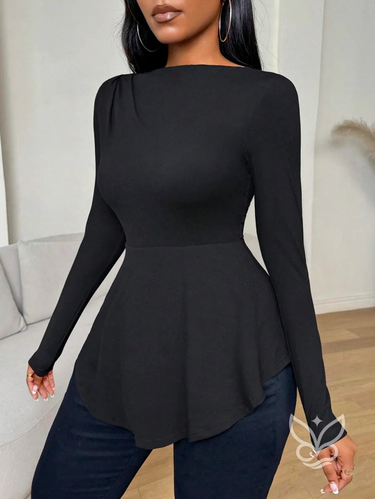 Blusa Peplum Ombro a Ombro Com Babados E Manga Longa Blusa Peplum Ombro a Ombro Com Babados E Manga Longa