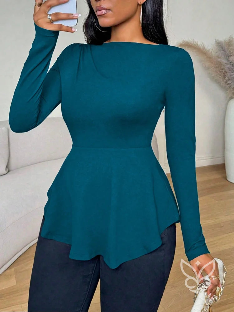 Blusa Peplum Ombro a Ombro Com Babados E Manga Longa Blusa Peplum Ombro a Ombro Com Babados E Manga Longa