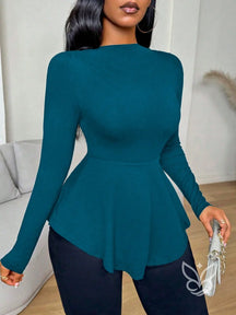 Blusa Peplum Ombro a Ombro Com Babados E Manga Longa Azul Petróleo / PP Blusa Peplum Ombro a Ombro Com Babados E Manga
